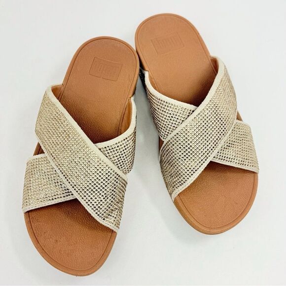 FitFlop RITZY Gold Metallic Sparkle Crisscross Orthotic Slide Sandals - Picture 8 of 16